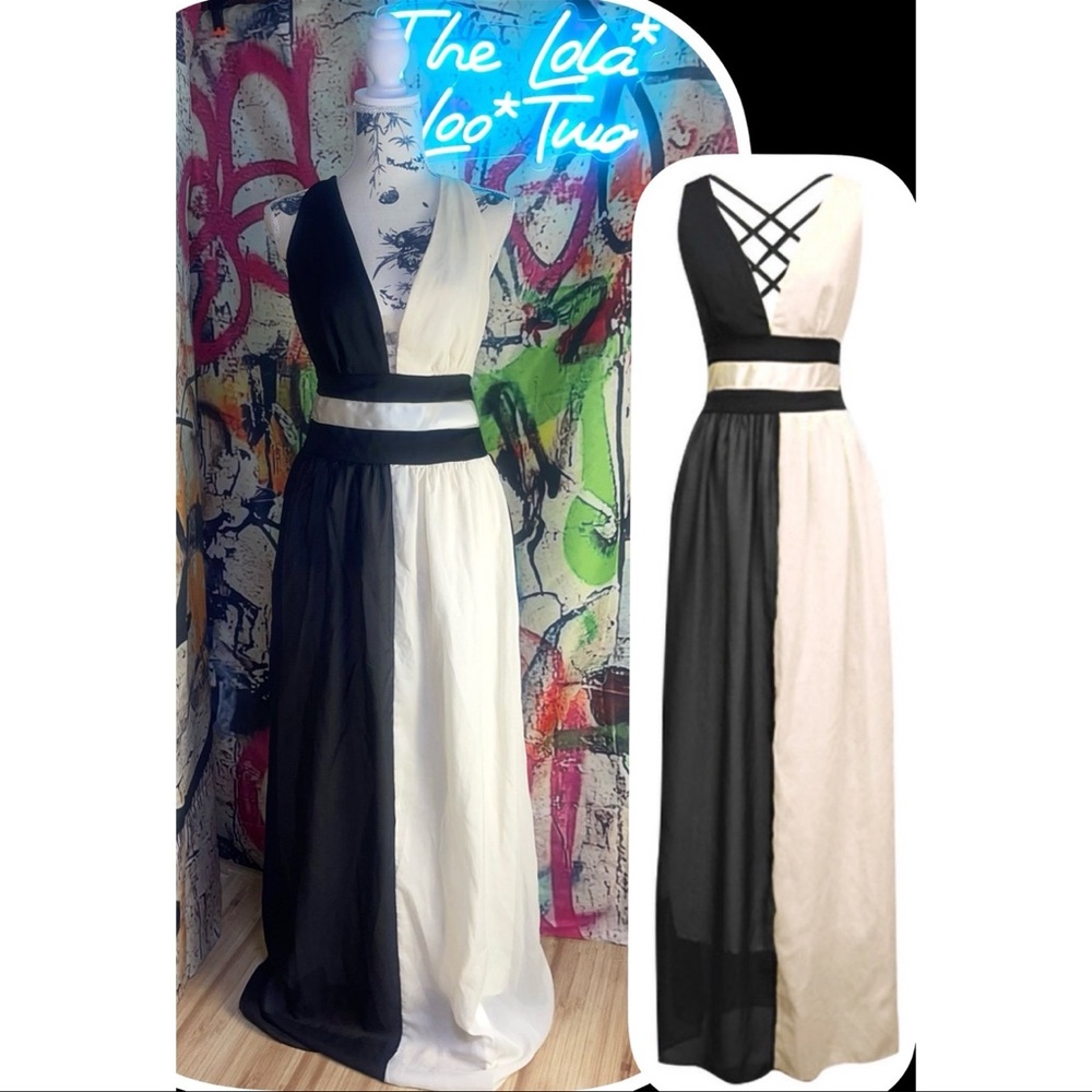 Black and White Two-Tone V-Neck Criss Cross Open Back  Maxi Dress